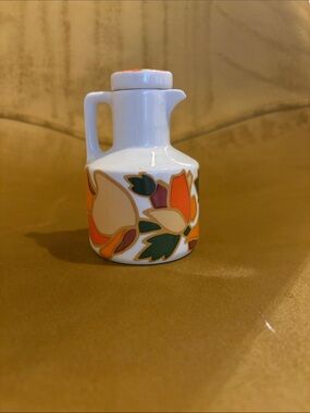 White Ceramic Cruet (Oil or Vinegar) Pourer with Orange Floral Design 🌼 🍃